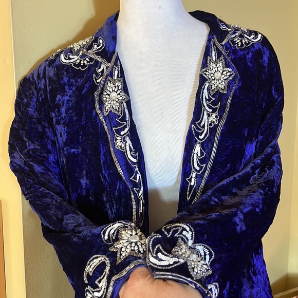 Vintage Blue Velvet Size Large Beaded Pearls Blazer Topper USA Made Event NYEve - Picture 6 of 12